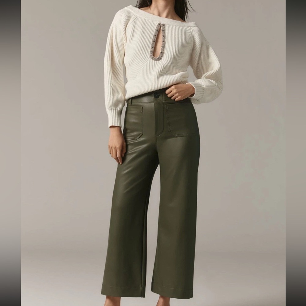 NWT Anthropologie Maeve Colette Crop Wide Leg Pants Faux Leather Dark Green 29